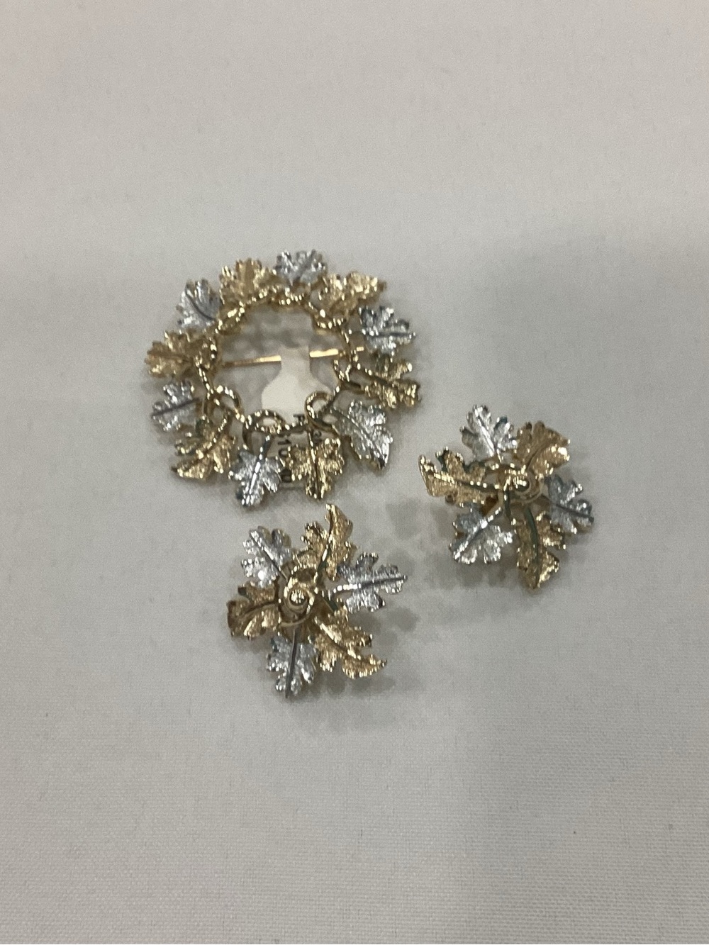 Gold and Silver Leaf Wreath Brooch and Earring Set